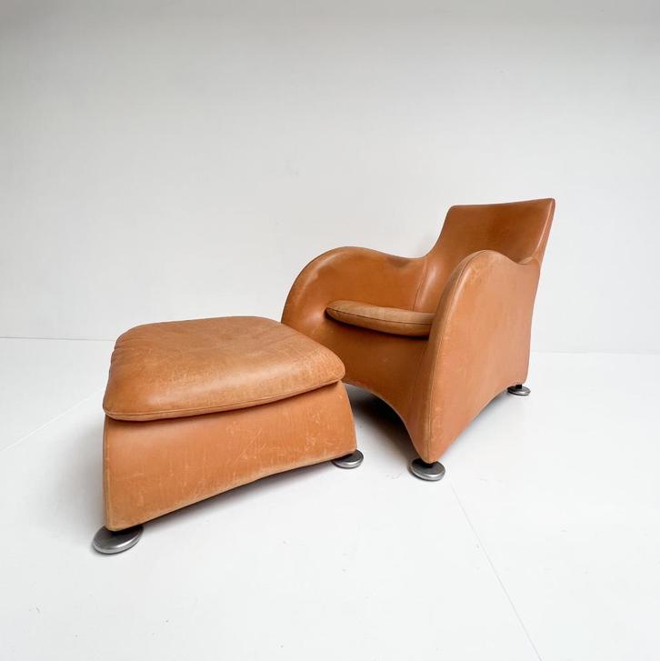 Montis Loge fauteuil met voetenbank van Gerard van den Berg, Huis en Inrichting, Fauteuils, Gebruikt, Leer, Metaal, 50 tot 75 cm