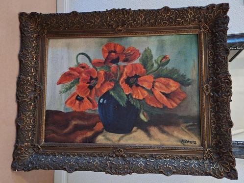 Olieverfschilderij met klaprozen op jutte (met lijst), Antiek en Kunst, Kunst | Schilderijen | Klassiek, Ophalen