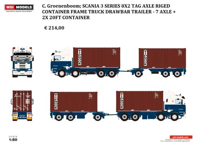 WSI Models scania 3 8x2 container combi  Groenenboom, Hobby en Vrije tijd, Modelauto's | 1:50, Nieuw, Bus of Vrachtwagen, Wsi