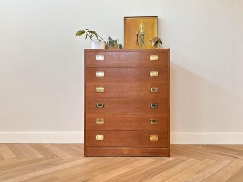 Vintage ladekast hout messing jaren 50/60 Deens, Huis en Inrichting, Kasten | Ladekasten, Gebruikt, Minder dan 100 cm, 50 tot 100 cm