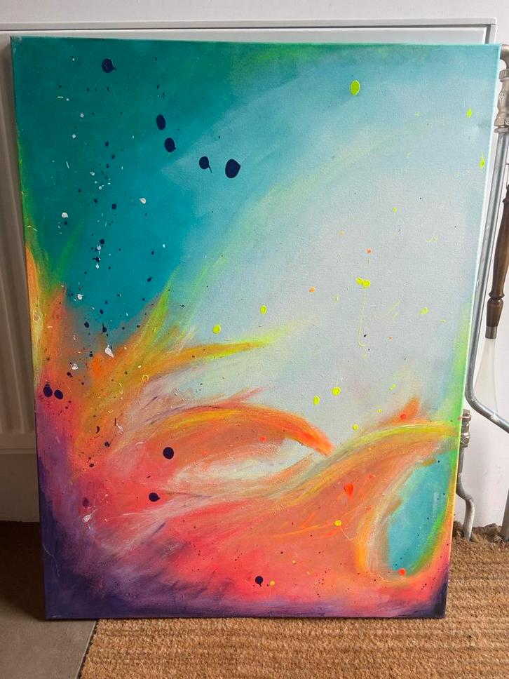 Abstract Kleurrijk Kunstwerk 80x60, Antiek en Kunst, Kunst | Schilderijen | Abstract, Ophalen