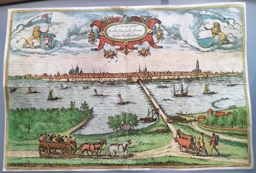 Antieke prent van de 'IJsselbrug te Kampen eind 16e eeuw', Antiek en Kunst, Kunst | Tekeningen en Foto's, Ophalen of Verzenden