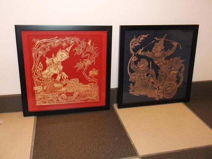 Paar Thaise Prenten in Lijsten, Antiek en Kunst, Kunst | Niet-Westerse kunst, Ophalen of Verzenden