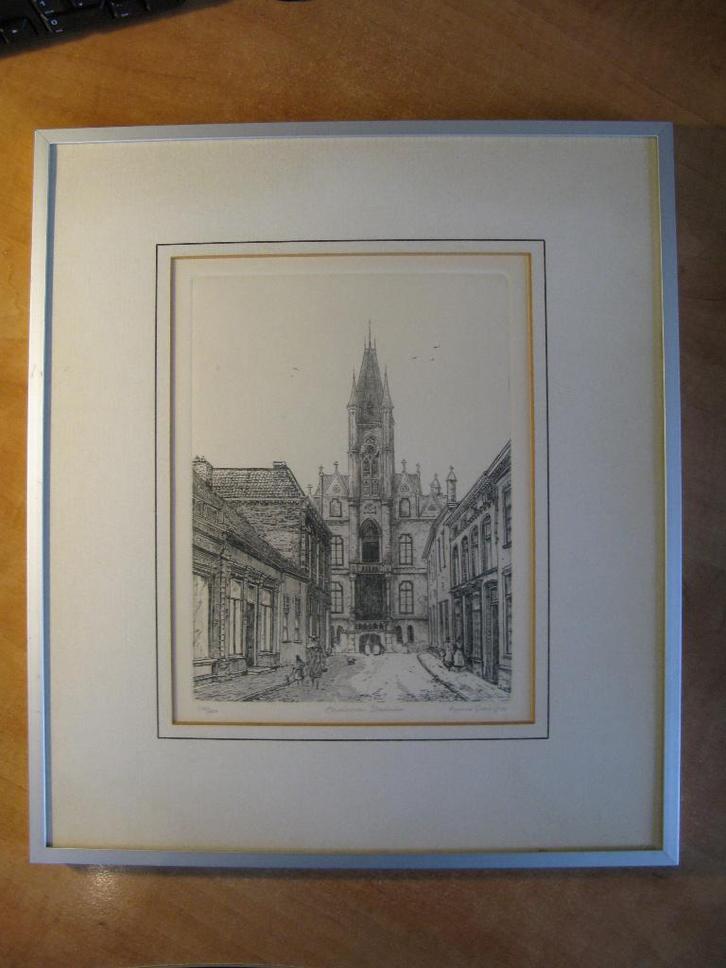 originele ets oude stadhuis Eindhoven door Anna Doedijns, Antiek en Kunst, Kunst | Etsen en Gravures, Ophalen of Verzenden