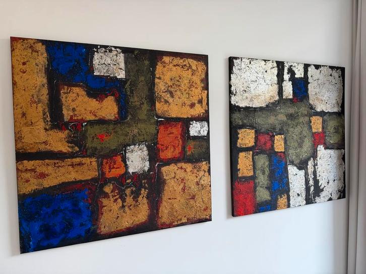 Abstracte schilderijen set 2 stuks, Antiek en Kunst, Kunst | Schilderijen | Abstract, Ophalen of Verzenden