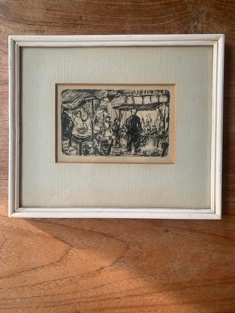 Oude ingelijste tekening van Albert Cuyp markt, Ophalen of Verzenden