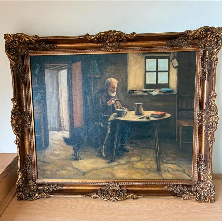 Ad Visser: Man met Hond - Prachtig Schilderij, Antiek en Kunst, Kunst | Schilderijen | Klassiek, Ophalen of Verzenden