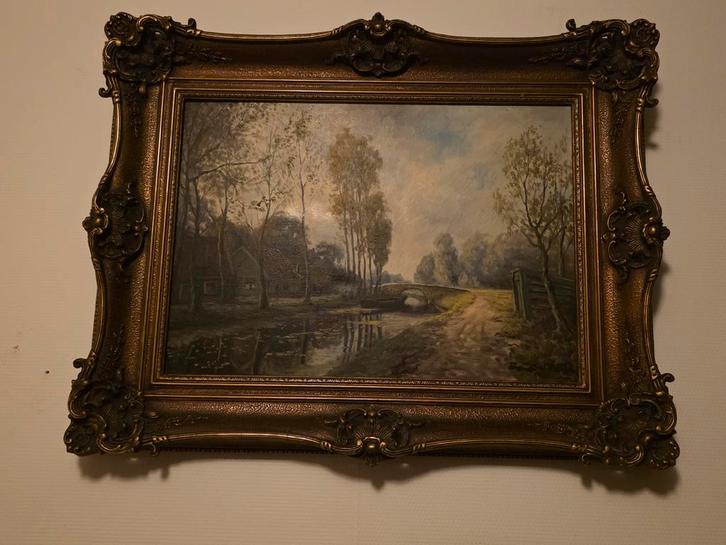 Schilderij van J. Visser - Landschap met brug, Antiek en Kunst, Kunst | Schilderijen | Klassiek, Ophalen of Verzenden