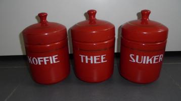 rood emaille koffie thee suikerbussen met bies & knopdeksels beschikbaar voor biedingen