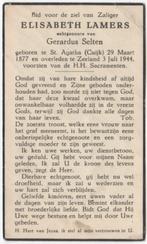 Elisabeth Lamers 1877 St. Agatha/Cuijk + 1944 Zeeland, 67 jr, Verzenden, Bidprentje