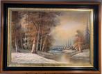 Winterlandschap met rivier in olieverf – (In houten lijst), Ophalen of Verzenden