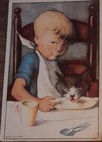 Eeke Ferman tekende dit jongetje dat samen pap eet met poes, 1940 tot 1960, Gelopen, Kinderen, Verzenden