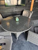 Tuintafel met glasplaat + 6 stoelen (incl. kussens), Ophalen, Gebruikt, Rond, Kunststof