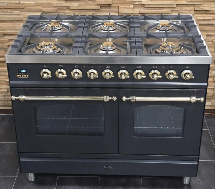 Luxe Fornuis Boretti 100cm antraciet + messing 6 pits, Witgoed en Apparatuur, Fornuizen, Zo goed als nieuw, Vrijstaand, Gas, 5 kookzones of meer