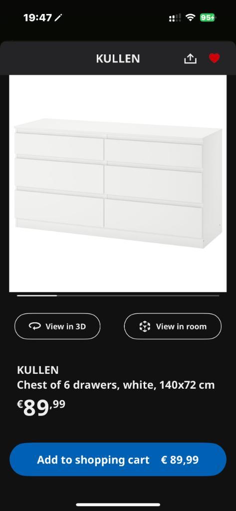 Dresser.  White.  6 drawer Kullen, Huis en Inrichting, Kasten | Ladekasten, Minder dan 100 cm, 25 tot 50 cm, Overige materialen