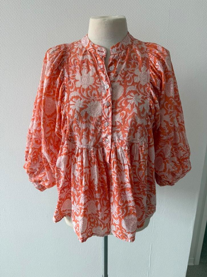 Koraal oranje pragt blouse blockprint, Kleding | Dames, Blouses en Tunieken, Zo goed als nieuw, Maat 38/40 (M), Oranje, Ophalen of Verzenden
