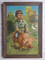 VARKENTJE SPEELT MET JONGETJE 🐖 2 GANSJES 🦢 BIGGETJE 🐖, Antiek en Kunst, Kunst | Schilderijen | Klassiek, Ophalen of Verzenden