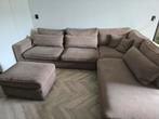 Bruine hoekbank met poef - Gebruikt, Huis en Inrichting, Banken | Bankstellen, Ophalen, Gebruikt, Vierpersoons of meer, Stof