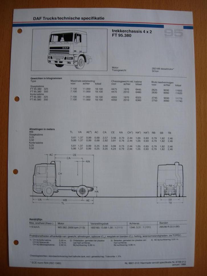 DAF FT 95 380 pk Technische Specificatie Brochure 1988 4x2, Boeken, Auto's | Folders en Tijdschriften, Zo goed als nieuw, Overige merken
