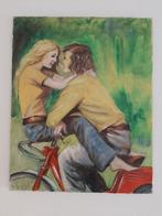 Schilderij jongen en meisje op brommer Peugeot 102, Ophalen of Verzenden