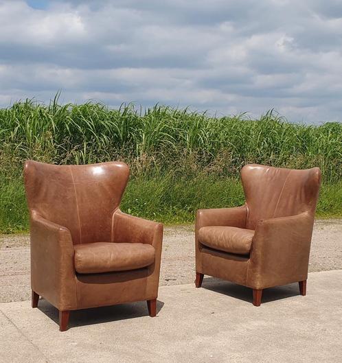 Set 2 leren oorfauteuils, Huis en Inrichting, Fauteuils, Zo goed als nieuw, 75 tot 100 cm, Ophalen