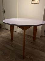 Vintage ronde tafel met lila blad - 110cm, Huis en Inrichting, Tafels | Eettafels, Ophalen, Gebruikt, 100 tot 150 cm, Rond