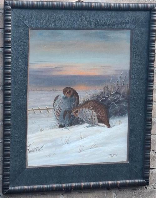 de Haas,  Patrijzen in de sneeuw. Pastel. Ca 1900. 59/69 cm., Antiek en Kunst, Kunst | Schilderijen | Klassiek, Ophalen