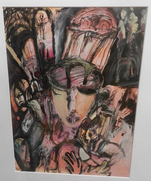 Gouache Kop omgeven door koppen en ramen Rachid Ben Ali 1998, Antiek en Kunst, Kunst | Schilderijen | Modern, Ophalen of Verzenden