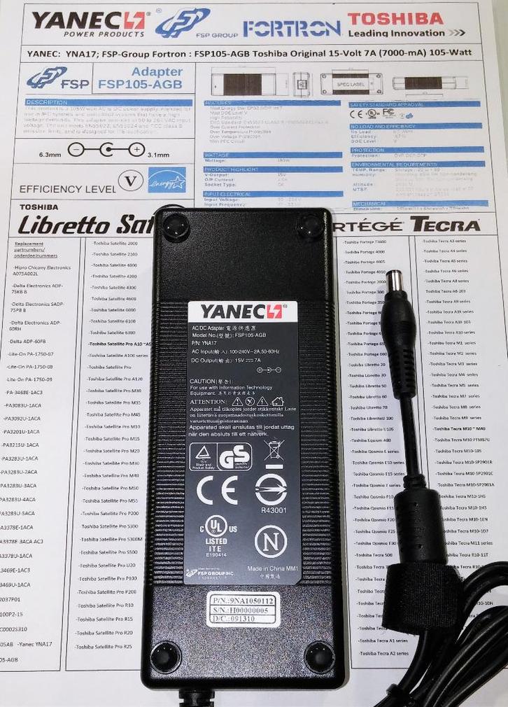 Toshiba Yanec FSP105-AGB 15V 7A Adapter 105W Lader Oplader, Computers en Software, Laptop-opladers, Nieuw, Ophalen of Verzenden