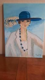 art deco vrouw met blauwe hoed naar v.dongen lia van langen, Antiek en Kunst, Kunst | Schilderijen | Klassiek, Ophalen of Verzenden