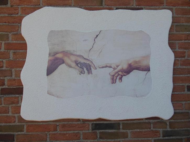 Plaat met detail van Michelangelo's beroemde fresco, Huis en Inrichting, Woonaccessoires | Schilderijen, Tekeningen en Foto's