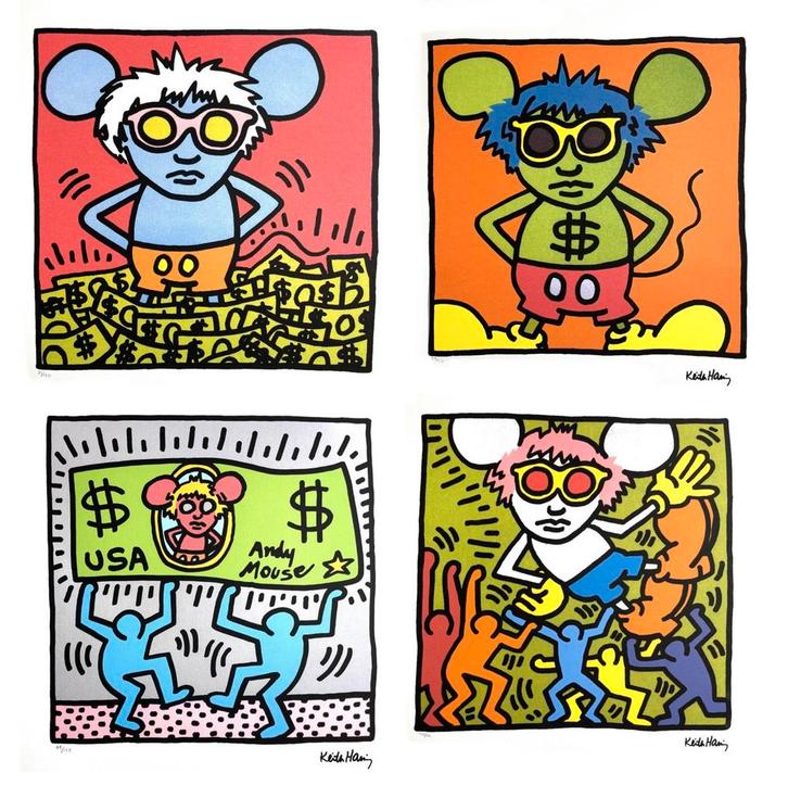 Unieke set (4 Litho+certificaten) Keith Haring “Andy Mouse”, Antiek en Kunst, Kunst | Litho's en Zeefdrukken, Ophalen of Verzenden