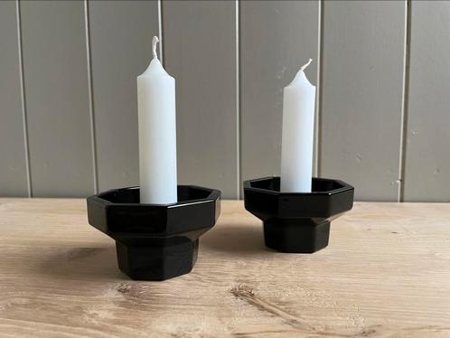 2 Vintage Luminarc zwart glazen kandelaars 8 hoekig Octime, Huis en Inrichting, Woonaccessoires | Kandelaars en Kaarsen, Zo goed als nieuw