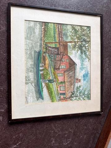 Aquarel Schilderij met Boot en Huis beschikbaar voor biedingen