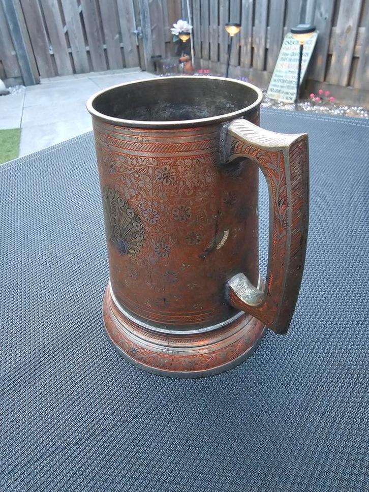 Antieke Koperen Mok met Decoratie, Antiek en Kunst, Antiek | Koper en Brons, Ophalen of Verzenden