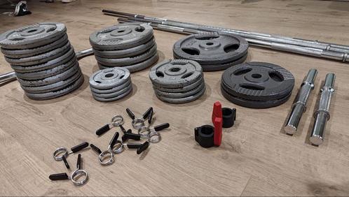 30mm stangen en gietijzeren schijven te koop., Sport en Fitness, Fitnessmaterialen, Gebruikt, Halterschijven, Armen, Benen, Borst