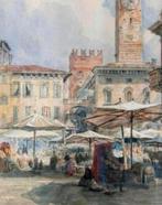 Antiek Louis Laurent Raze 1805-1873 Piazza delle Erbe italy, Antiek en Kunst, Kunst | Schilderijen | Klassiek, Ophalen of Verzenden