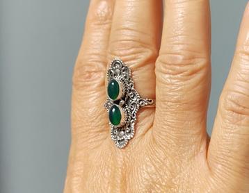 925 zilveren ring met natuurlijke Groene Onyx steen beschikbaar voor biedingen