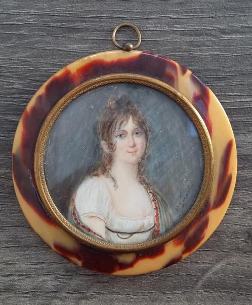 Om 1875 MINI MINIATUUR Schilderij Portret Dame Vrouw Meisje, Antiek en Kunst, Kunst | Schilderijen | Klassiek, Ophalen of Verzenden