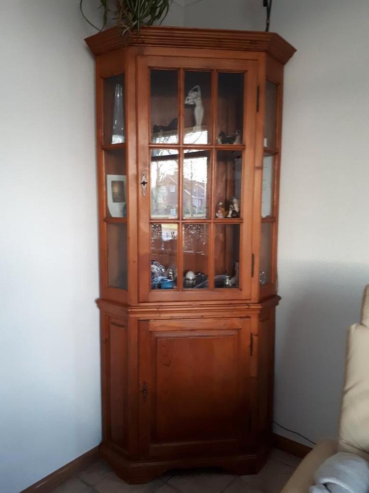 Vurenhouten vitrine hoekkast, Huis en Inrichting, Kasten | Vitrinekasten, Gebruikt, 200 cm of meer, 50 tot 100 cm, 25 tot 50 cm