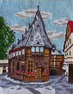 Borduurwerk, zijde, huis, vakwerkhuis, dorp, vintage, Hobby en Vrije tijd, Ophalen