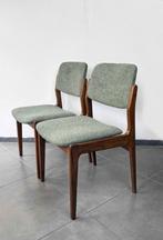 Set van twee vintage eetkamer stoelen opnieuw gestoffeerd, Huis en Inrichting, Ophalen, Hout, Gebruikt, Twee