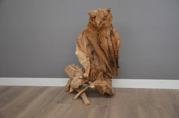 Handgesneden Uil van Teakhout, Antiek en Kunst, Kunst | Beelden en Houtsnijwerken, Ophalen