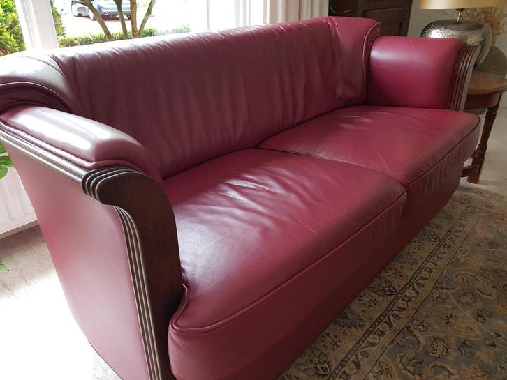 bank leer rood leren 2,5 zitsbank roskam eiken hout 165 cm, Huis en Inrichting, Banken | Bankstellen, Gebruikt, Rechte bank, Tweepersoons