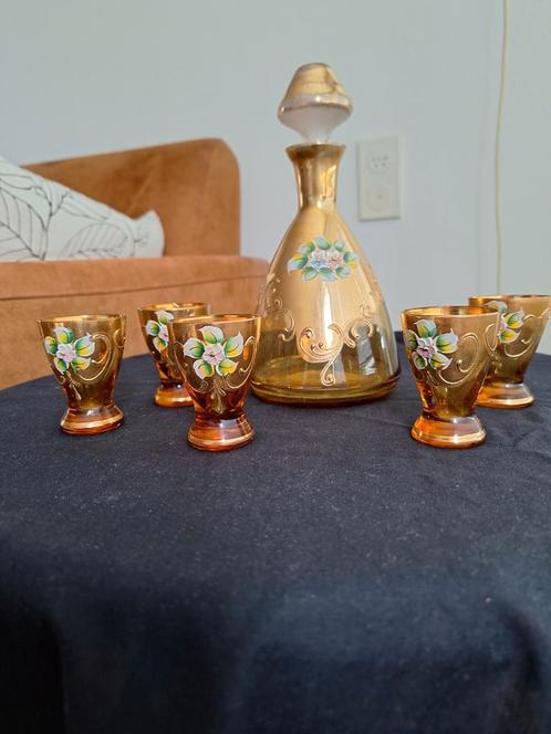 Karaf met Borrelglaasjes - Bladgoud, Antiek en Kunst, Antiek | Glas en Kristal, Ophalen of Verzenden