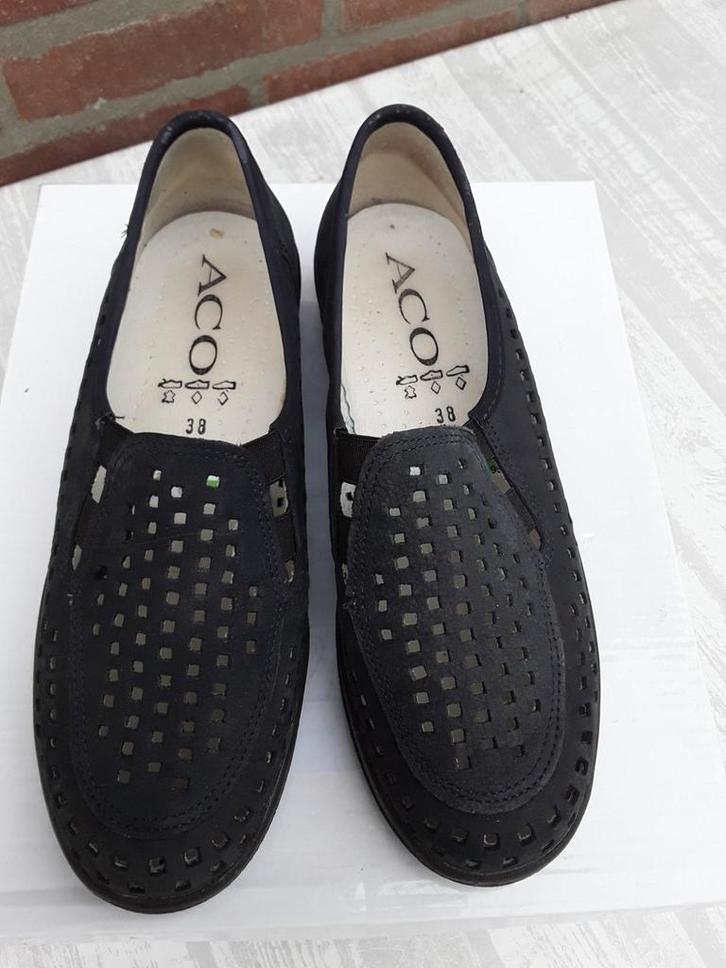 Echt leer! Prachtige zomer instappers van ACO, 38 marine, Kleding | Dames, Schoenen, Zo goed als nieuw, Instappers, Blauw, Verzenden