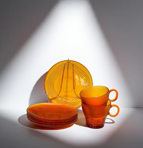 Duralex France Vintage Amberkleurig Glas Set 2 kop +5 boord, Antiek en Kunst, Antiek | Servies los, Ophalen of Verzenden