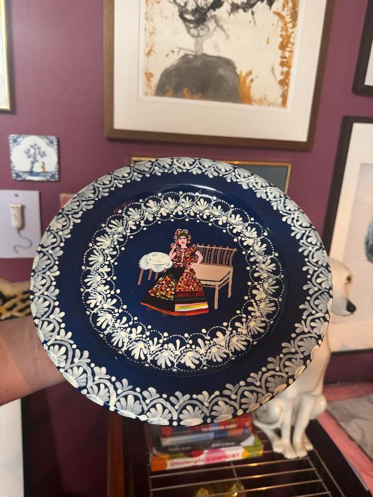 Handgeschilderd Wandbord Folk-Art Kobaltblauw, Antiek en Kunst, Antiek | Wandborden en Tegels, Ophalen of Verzenden