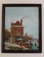 Schilderij winters dorpsgezicht met schaatsende mensen, Antiek en Kunst, Kunst | Schilderijen | Klassiek, Ophalen of Verzenden