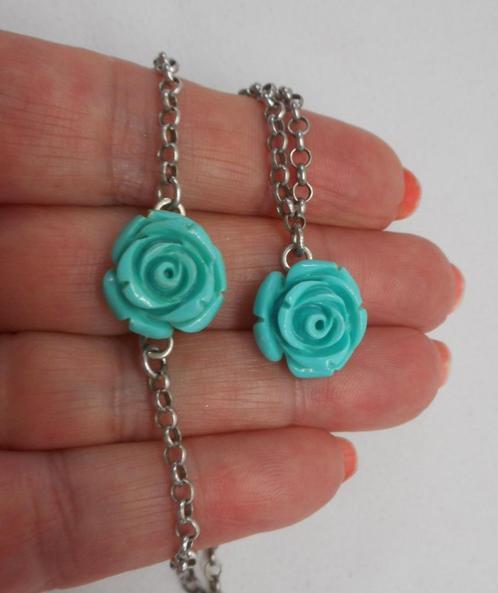 Zilveren set ketting met roos + armbandje met roos nr.001, Sieraden, Tassen en Uiterlijk, Kettingen, Zo goed als nieuw, Zilver